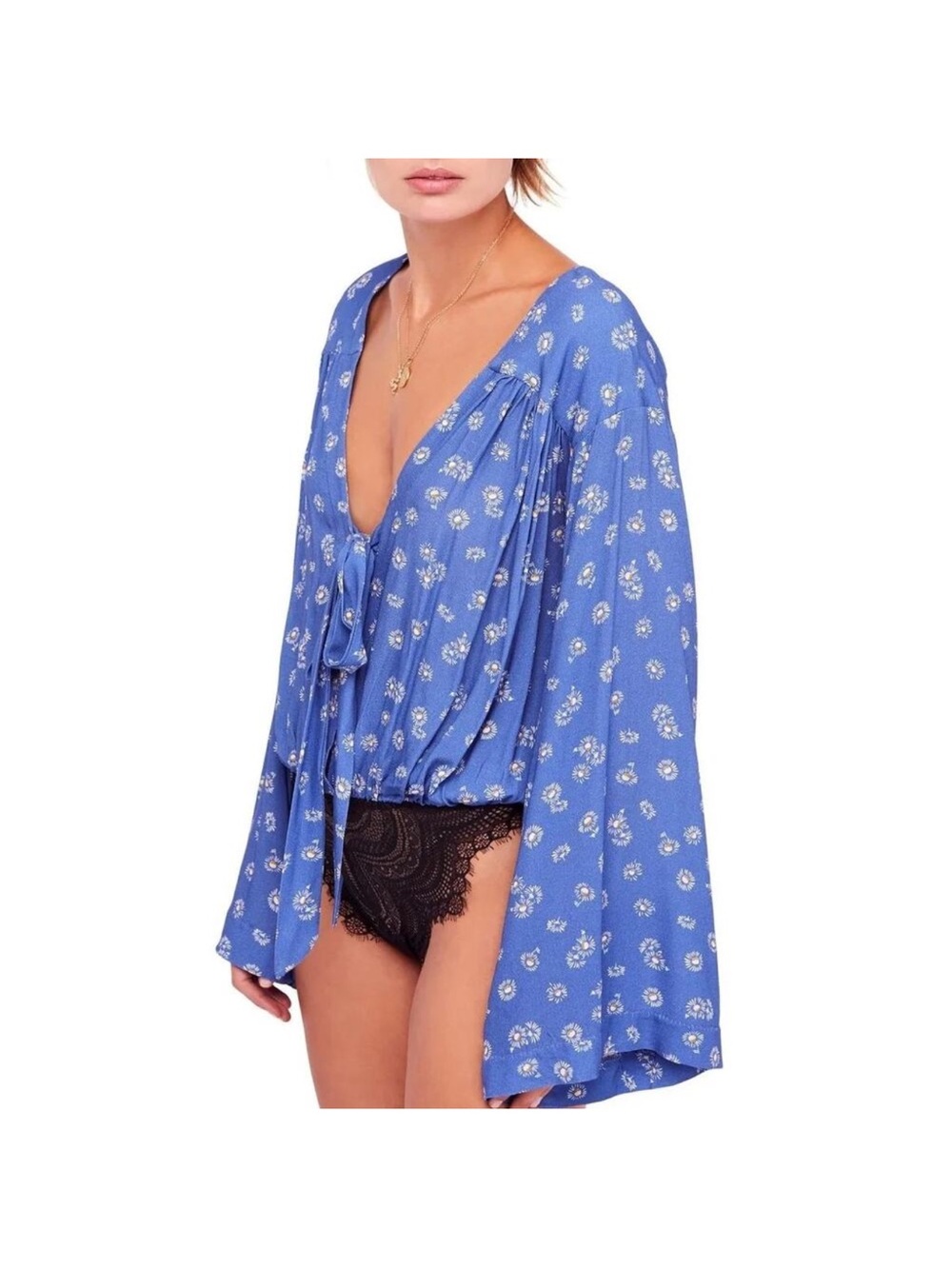 Free People Ditsy Daisy Blue Floral Long Sleeve V-Neck Bodysuit